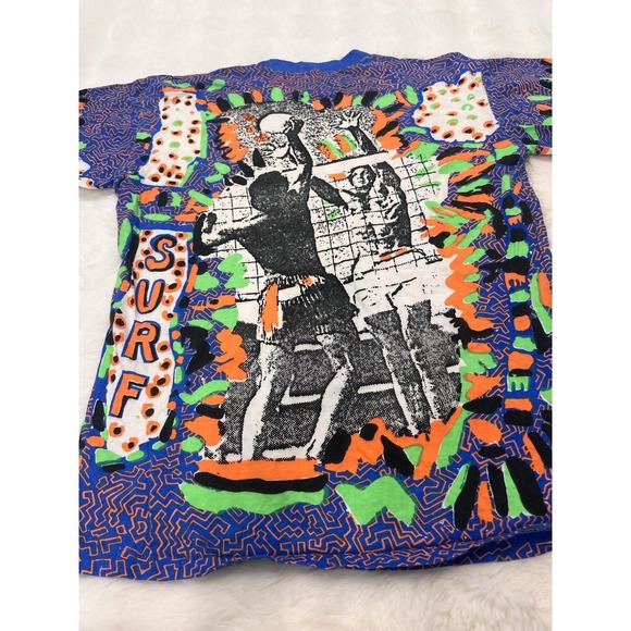 VTG Surf Volleyball Neon AOP T-shirt - Multi Color- Size - 80s 90s - Picture 8 of 9